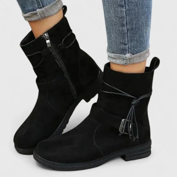 Women's suede side zip ankle winter boots with buckle strap - Green