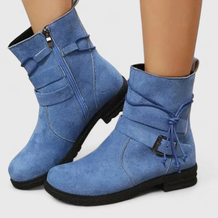 Women's suede side zip ankle winter boots with buckle strap - Green