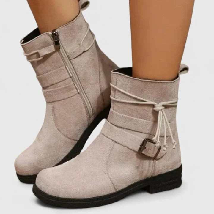 Women's suede side zip ankle winter boots with buckle strap - Green