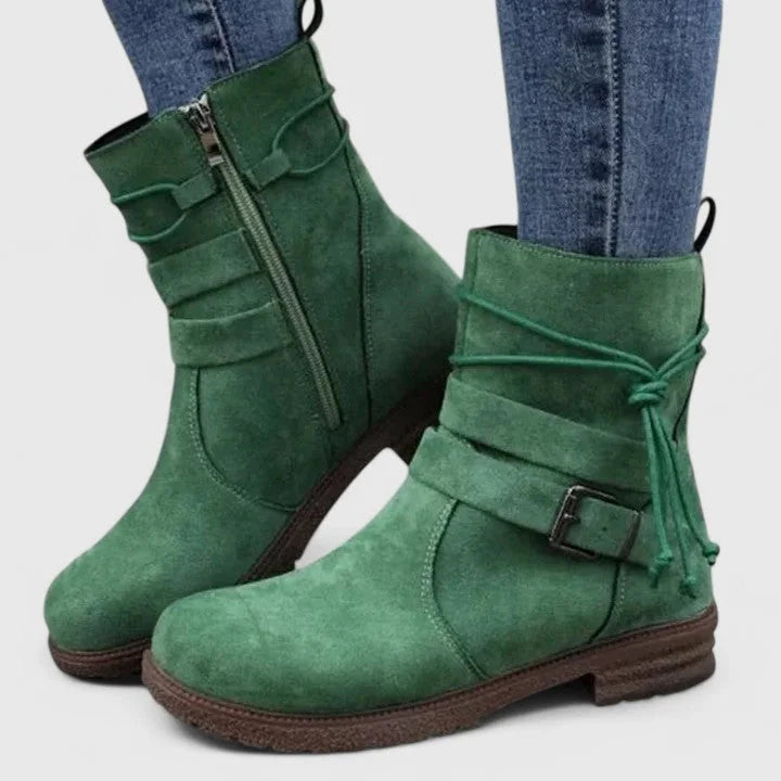Women's suede side zip ankle winter boots with buckle strap - Green