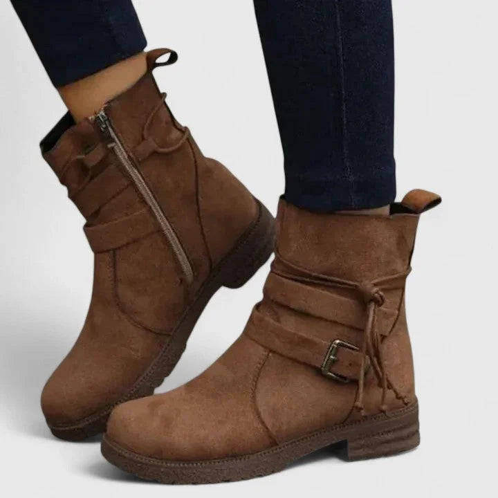 Women's suede side zip ankle winter boots with buckle strap - Green