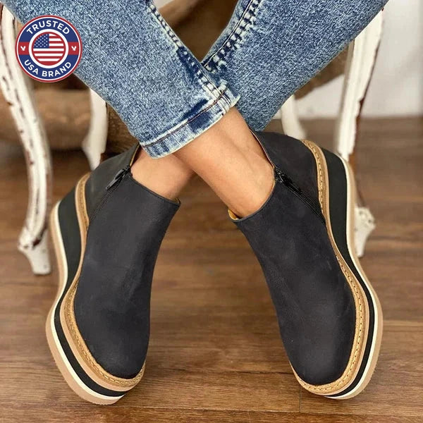 Women's suede side zip ankle winter boots with striped platform sole - Khaki