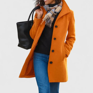 Women's button-front notch lapel winter wool coat with side pockets - Khaki