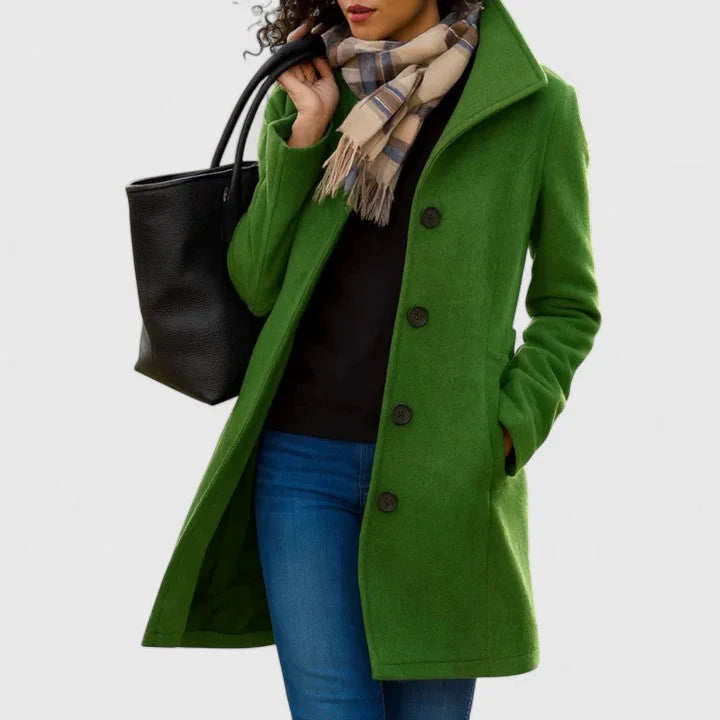 Women's button-front notch lapel winter wool coat with side pockets - Khaki