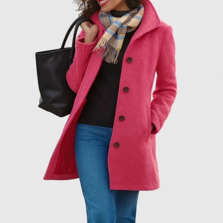 Women's button-front notch lapel winter wool coat with side pockets - Khaki