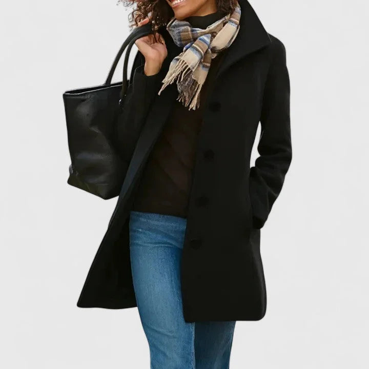 Women's button-front notch lapel winter wool coat with side pockets - Khaki
