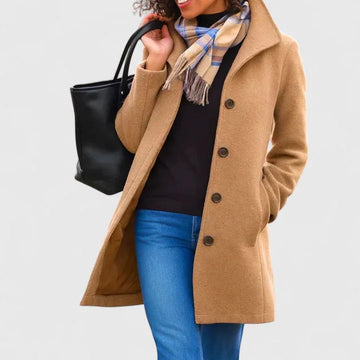 Women's button-front notch lapel winter wool coat with side pockets - Khaki