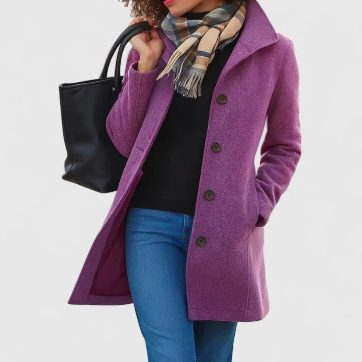 Women's button-front notch lapel winter wool coat with side pockets - Khaki