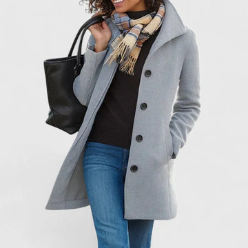 Women's button-front notch lapel winter wool coat with side pockets - Khaki