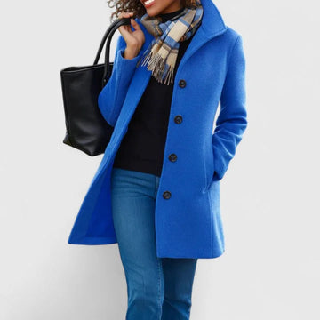 Women's button-front notch lapel winter wool coat with side pockets - Khaki