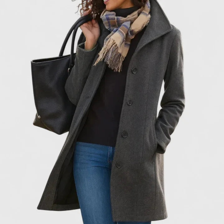 Women's button-front notch lapel winter wool coat with side pockets - Khaki