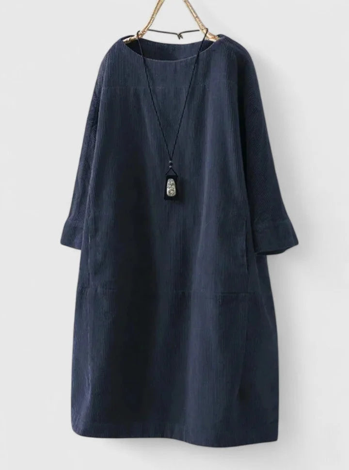 Women's corduroy crew neck winter midi dress with front patch pockets - Green