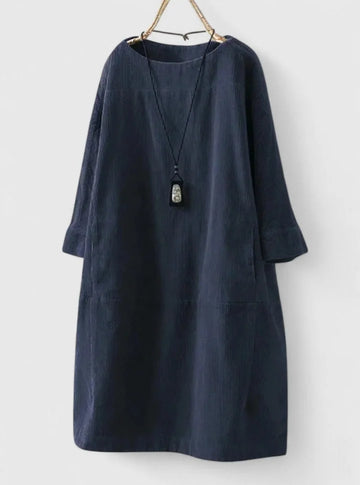 Women's corduroy crew neck winter midi dress with front patch pockets - Green