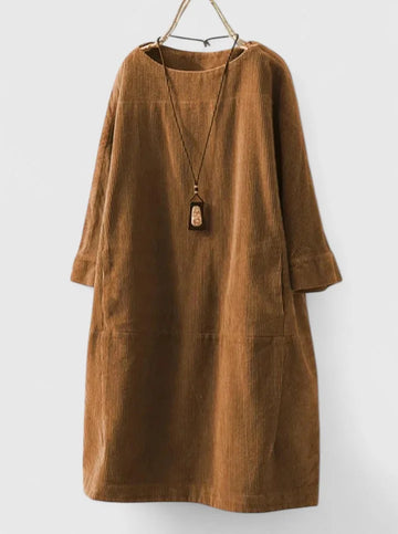 Women's corduroy crew neck winter midi dress with front patch pockets - Green