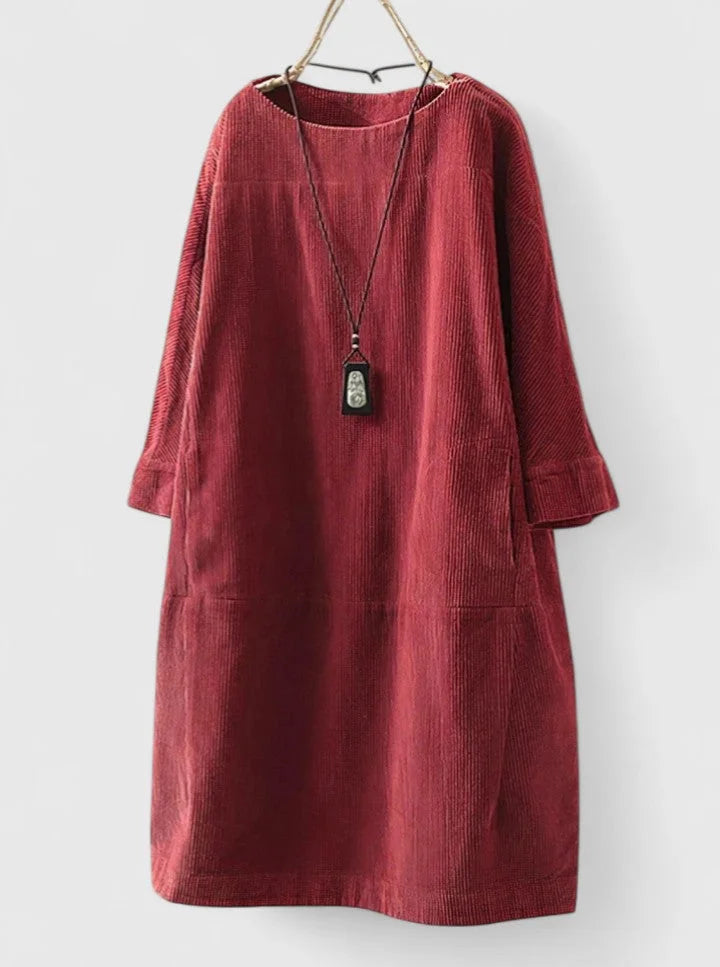 Women's corduroy crew neck winter midi dress with front patch pockets - Green
