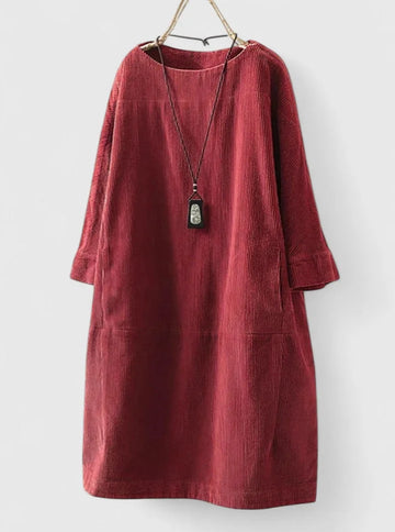 Women's corduroy crew neck winter midi dress with front patch pockets - Green
