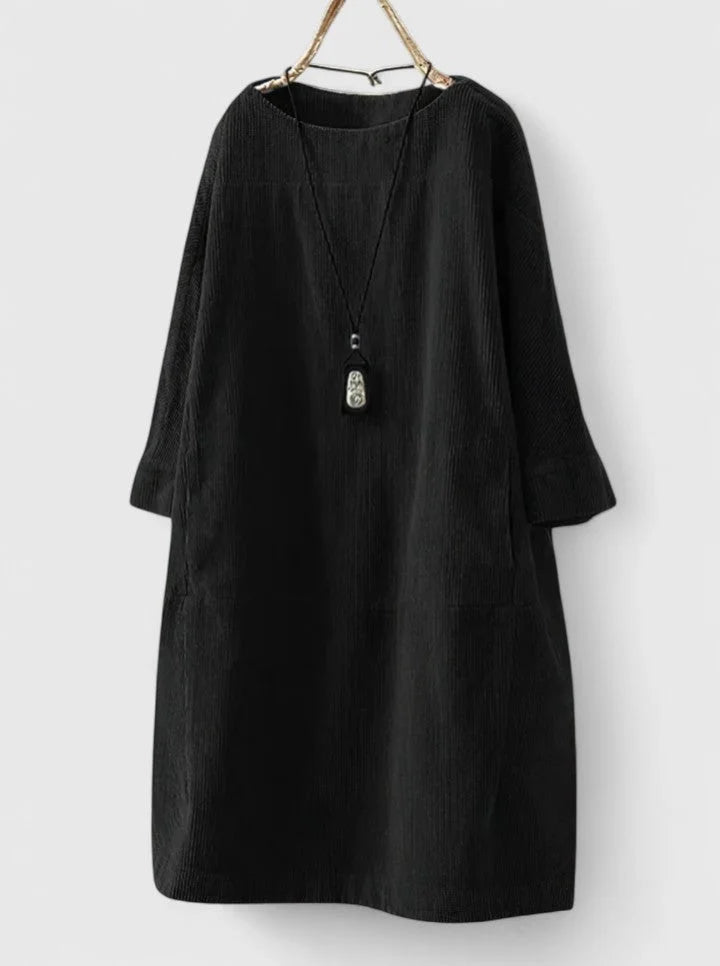Women's corduroy crew neck winter midi dress with front patch pockets - Green