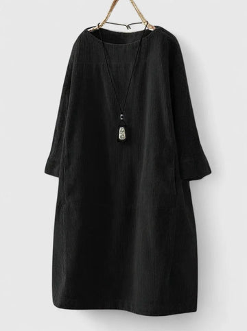 Women's corduroy crew neck winter midi dress with front patch pockets - Green