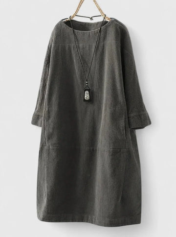 Women's corduroy crew neck winter midi dress with front patch pockets - Green