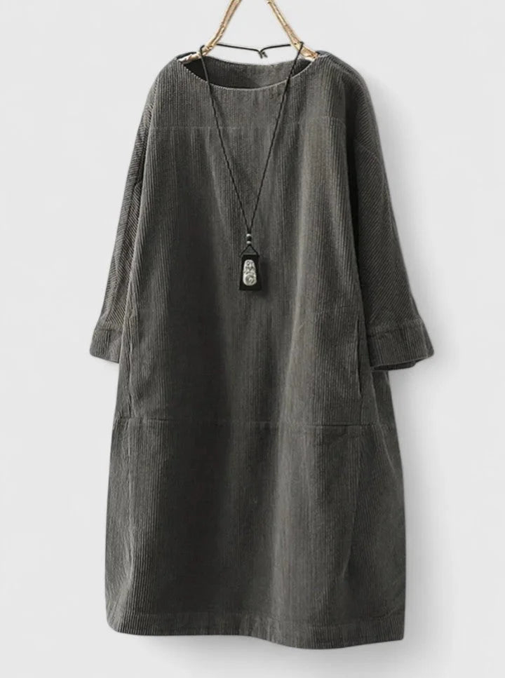Women's corduroy crew neck winter midi dress with front patch pockets - Green