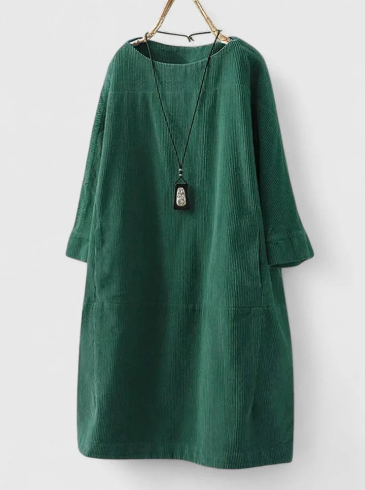 Women's corduroy crew neck winter midi dress with front patch pockets - Green