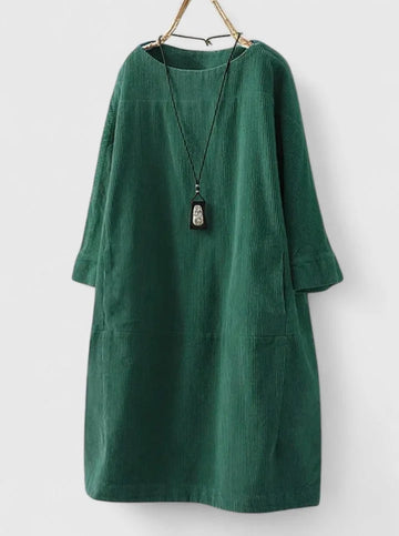 Women's corduroy crew neck winter midi dress with front patch pockets - Green