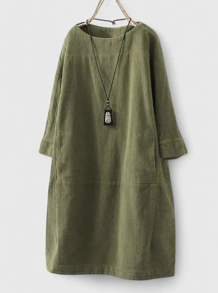 Women's corduroy crew neck winter midi dress with front patch pockets - Green
