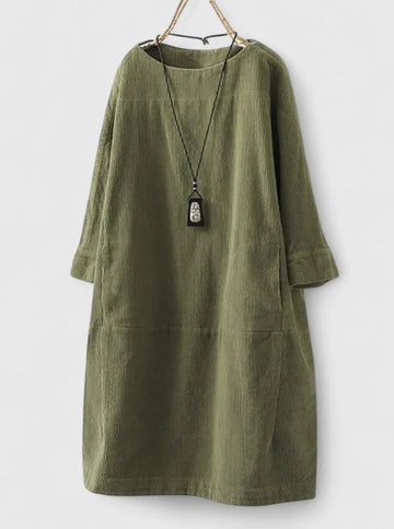 Women's corduroy crew neck winter midi dress with front patch pockets - Green