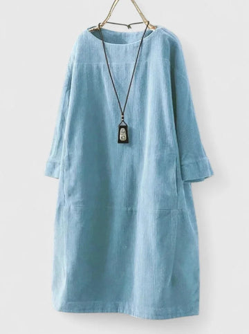 Women's corduroy crew neck winter midi dress with front patch pockets - Green
