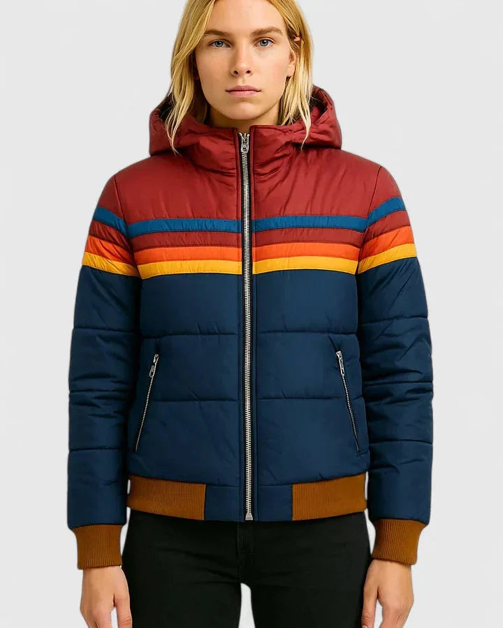 Women's striped quilted zip-up winter puffer jacket - Navy Blue