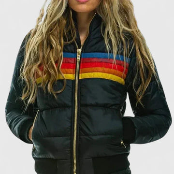Women's striped quilted zip-up winter puffer jacket - Navy Blue