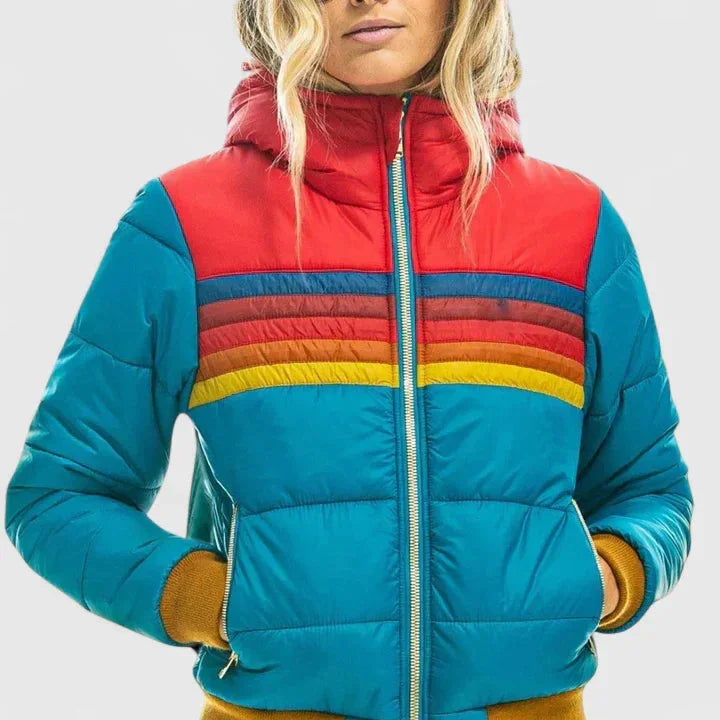 Women's striped quilted zip-up winter puffer jacket - Navy Blue