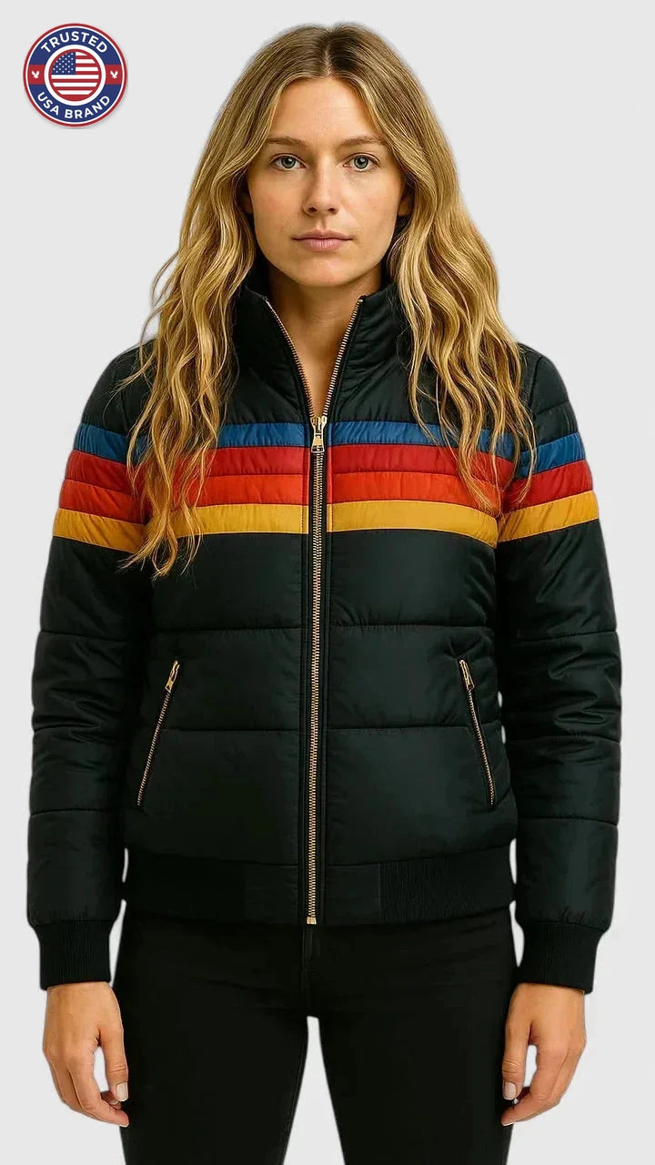 Women's striped quilted zip-up winter puffer jacket - Navy Blue