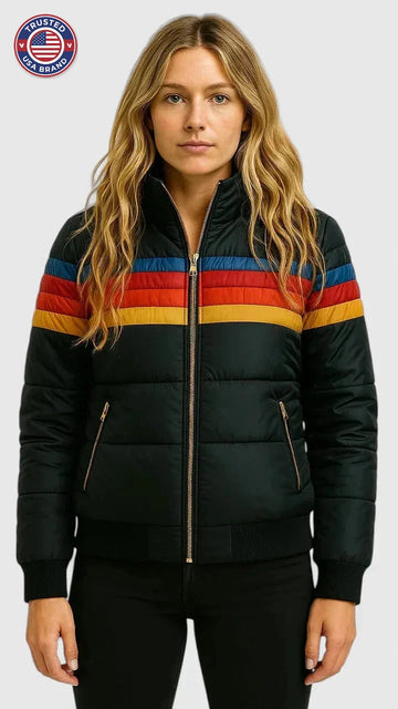 Women's striped quilted zip-up winter puffer jacket - Navy Blue