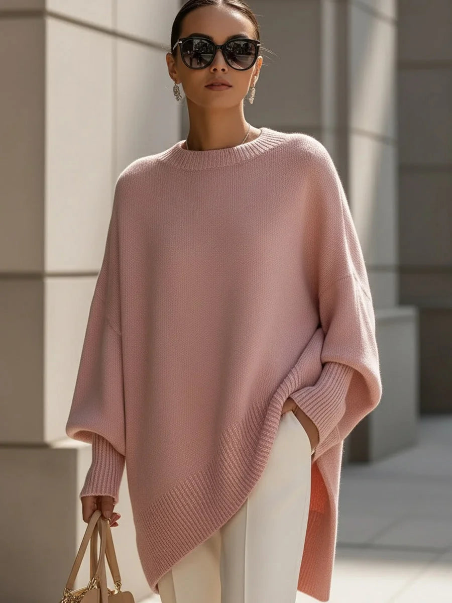 Women's knit crew neck winter sweater with asymmetrical hem