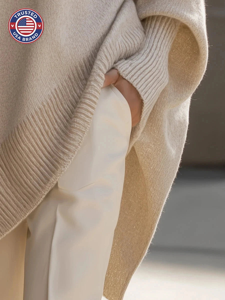 Women's knit crew neck winter sweater with asymmetrical hem