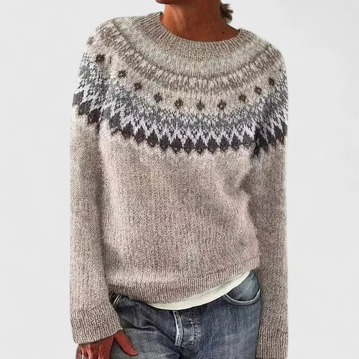 Women's knit crew neck winter fair isle sweater with pattern yoke - Dark Gray