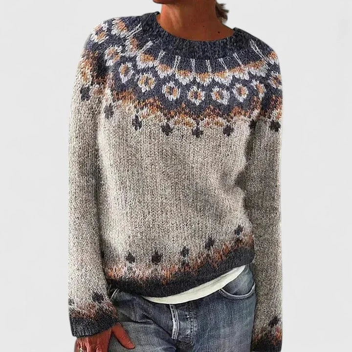 Women's knit crew neck winter fair isle sweater with pattern yoke - Dark Gray
