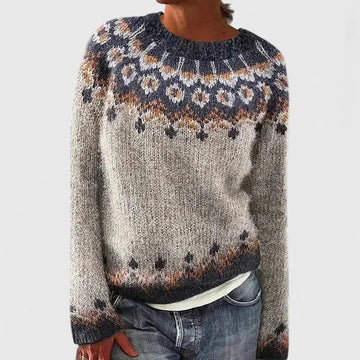 Women's knit crew neck winter fair isle sweater with pattern yoke - Dark Gray