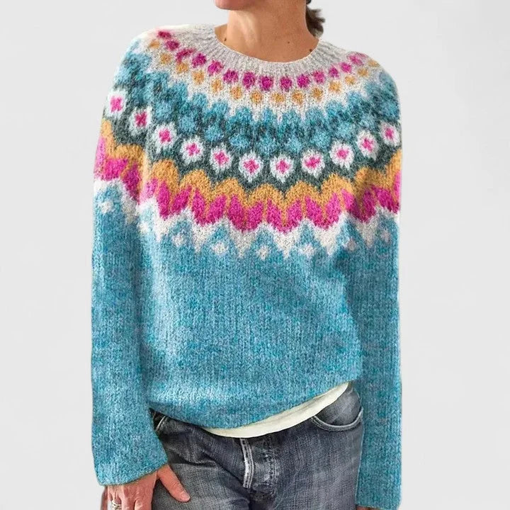 Women's knit crew neck winter fair isle sweater with pattern yoke - Dark Gray
