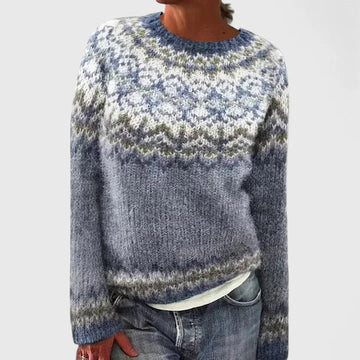 Women's knit crew neck winter fair isle sweater with pattern yoke - Dark Gray