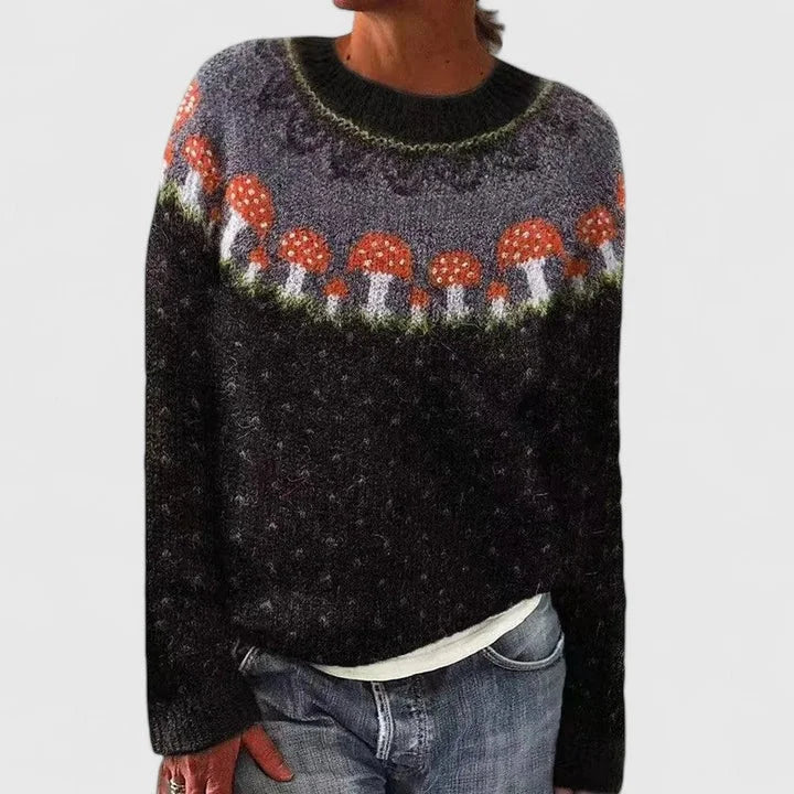Women's knit crew neck winter fair isle sweater with pattern yoke - Dark Gray