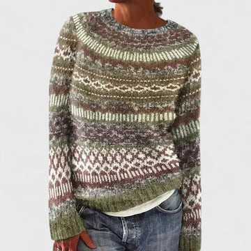 Women's knit crew neck winter fair isle sweater with pattern yoke - Dark Gray