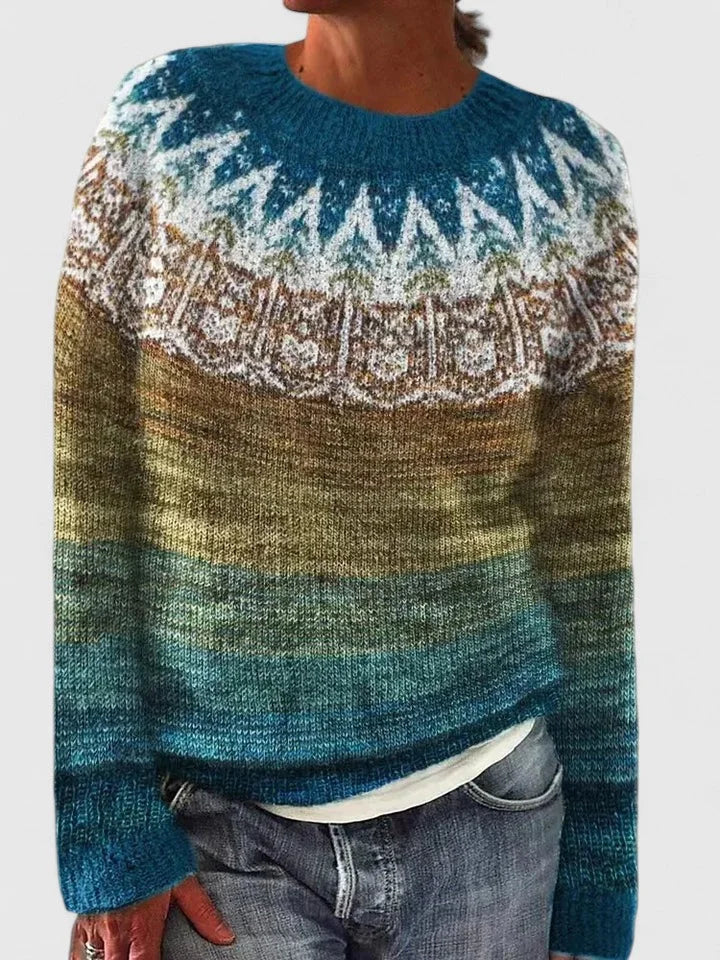 Women's knit crew neck winter fair isle sweater with pattern yoke - Dark Gray