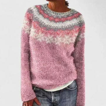 Women's knit crew neck winter fair isle sweater with pattern yoke - Dark Gray