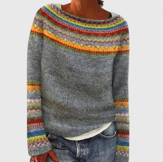 Women's knit crew neck winter fair isle sweater with pattern yoke - Dark Gray