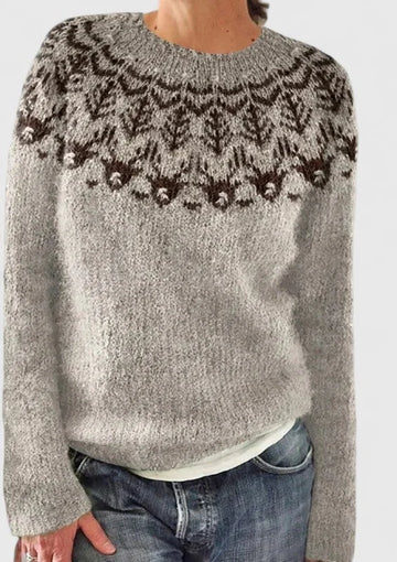 Women's knit crew neck winter fair isle sweater with pattern yoke - Dark Gray