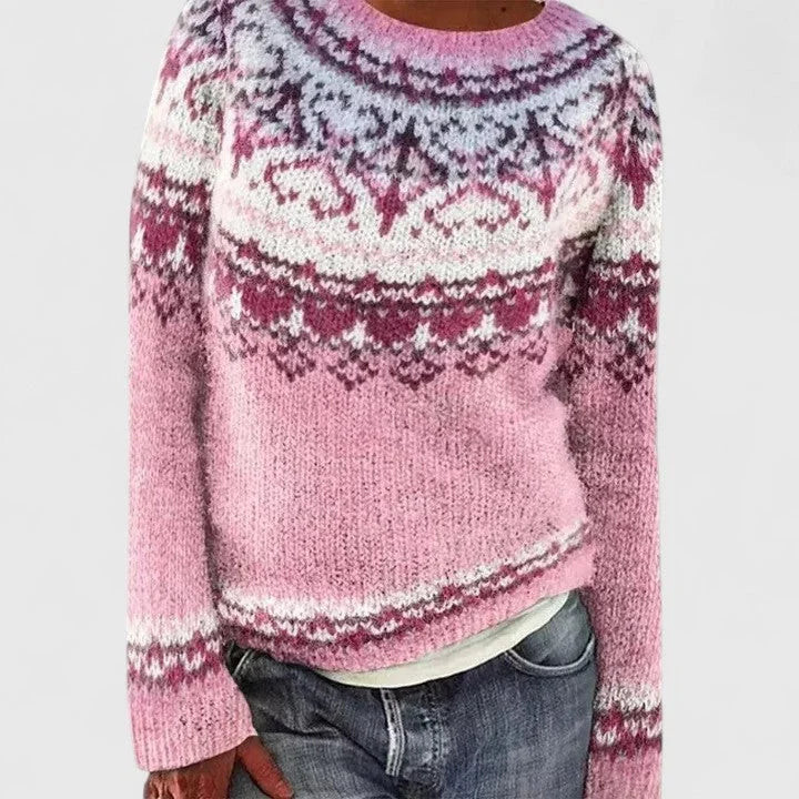 Women's knit crew neck winter fair isle sweater with pattern yoke - Dark Gray