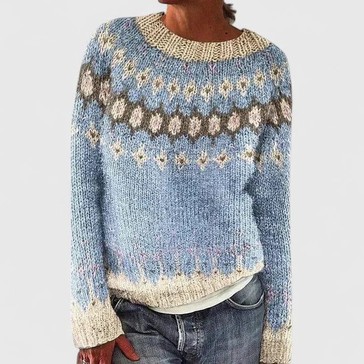 Women's knit crew neck winter fair isle sweater with pattern yoke - Dark Gray