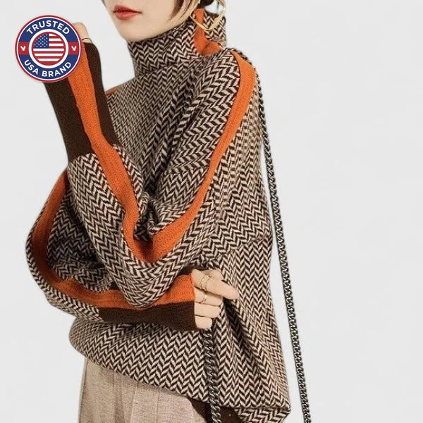Women's herringbone knit winter roll neck sweater - Orange